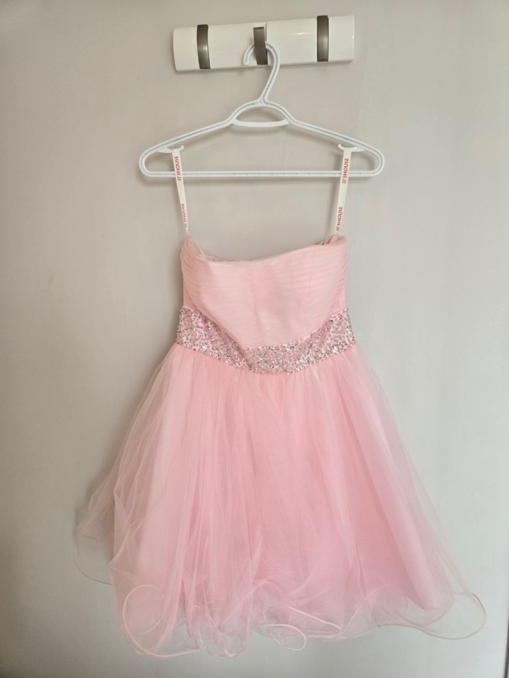 “JJ’s House” Strapless Pink Tulle Mini Dress with Sequin Waist